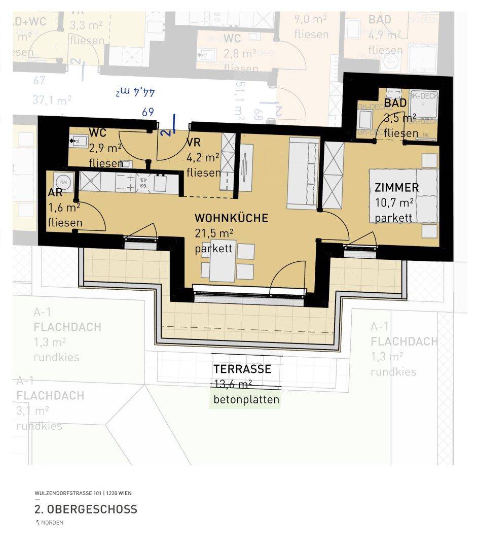 Grundriss einer Wohnung mit Wohnküche, Schlafzimmer, Bad und einer großzügigen Terrasse.