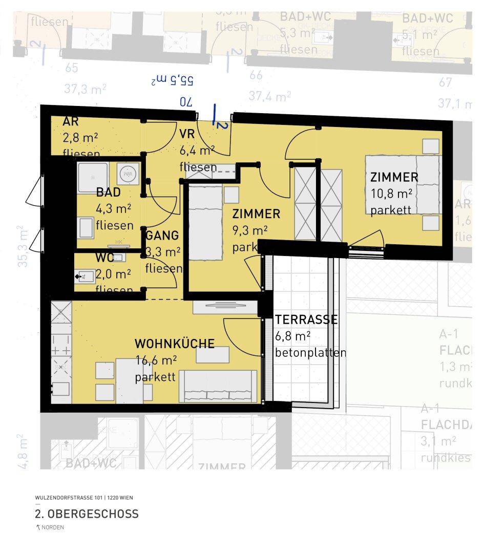 Grundriss einer Wohnung im 2. Obergeschoss mit Wohnküche, zwei Zimmern und großer Terrasse.