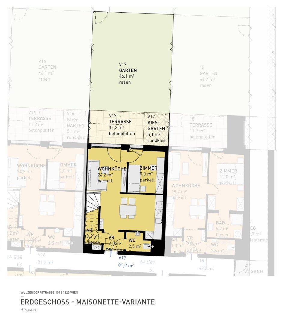 Grundriss der Erdgeschoss-Maisonette-Variante mit Wohnküche, Zimmer und Garten.