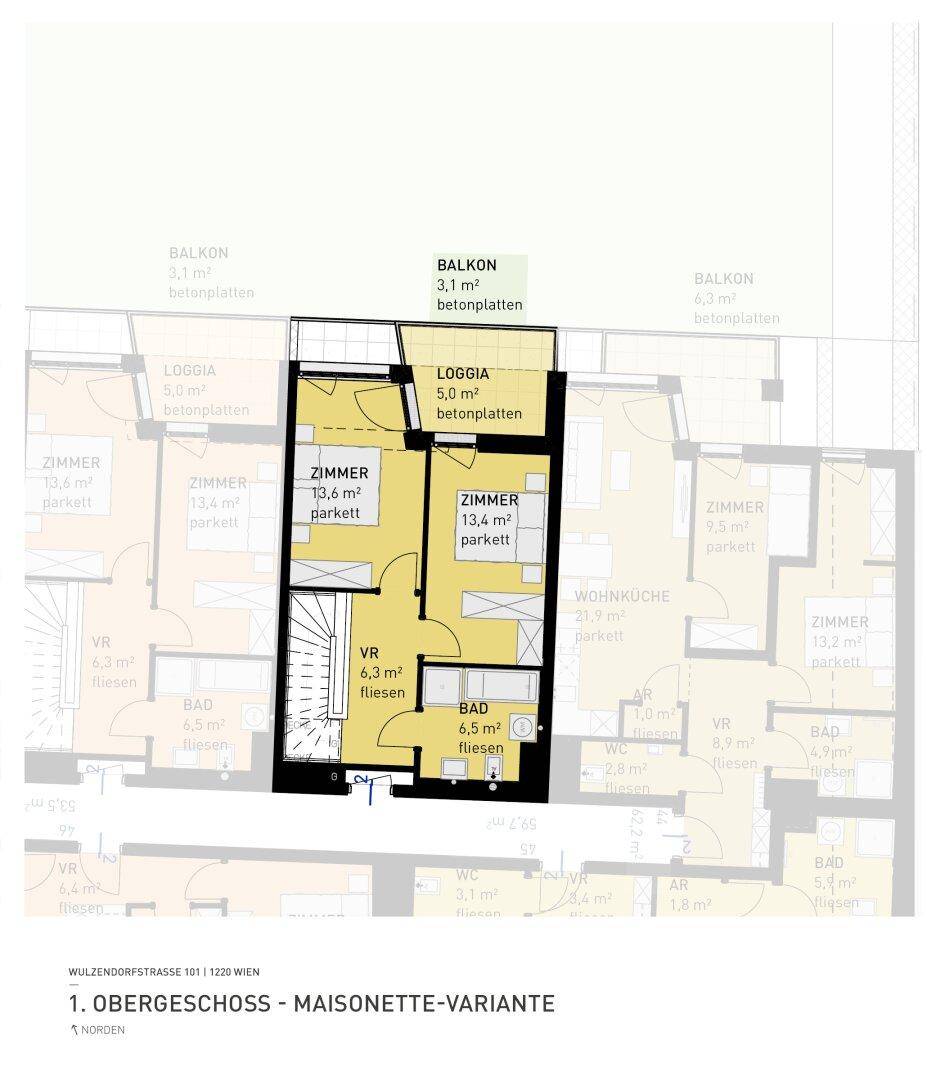 Grundriss des 1. Obergeschosses der Maisonette-Variante mit Schlafzimmern, Bad und Loggia.