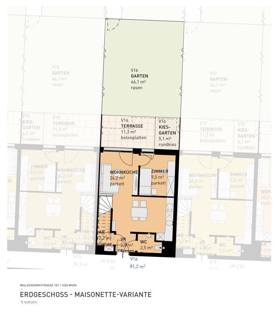 Grundriss des Erdgeschosses einer Maisonette-Wohnung mit offener Wohnküche, Zimmer und Zugang zum Garten.