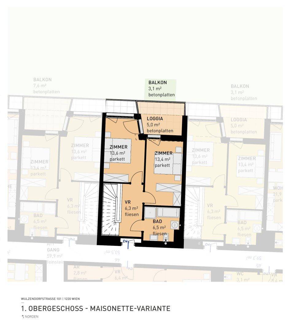 Grundriss des Obergeschosses einer Maisonette-Wohnung mit zwei Zimmern, Bad, Loggia und Balkon.