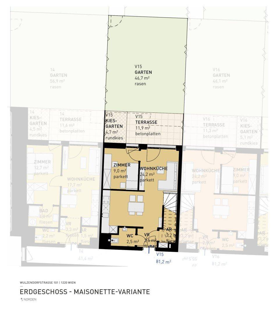 Grundriss des Erdgeschosses einer Maisonette-Wohnung mit Wohnküche, Zimmer, WC, Terrasse und Garten.