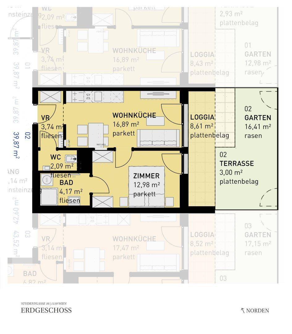 Grundriss einer Wohnung mit Wohnküche, Zimmer, Bad, WC, Loggia, Terrasse und Garten.