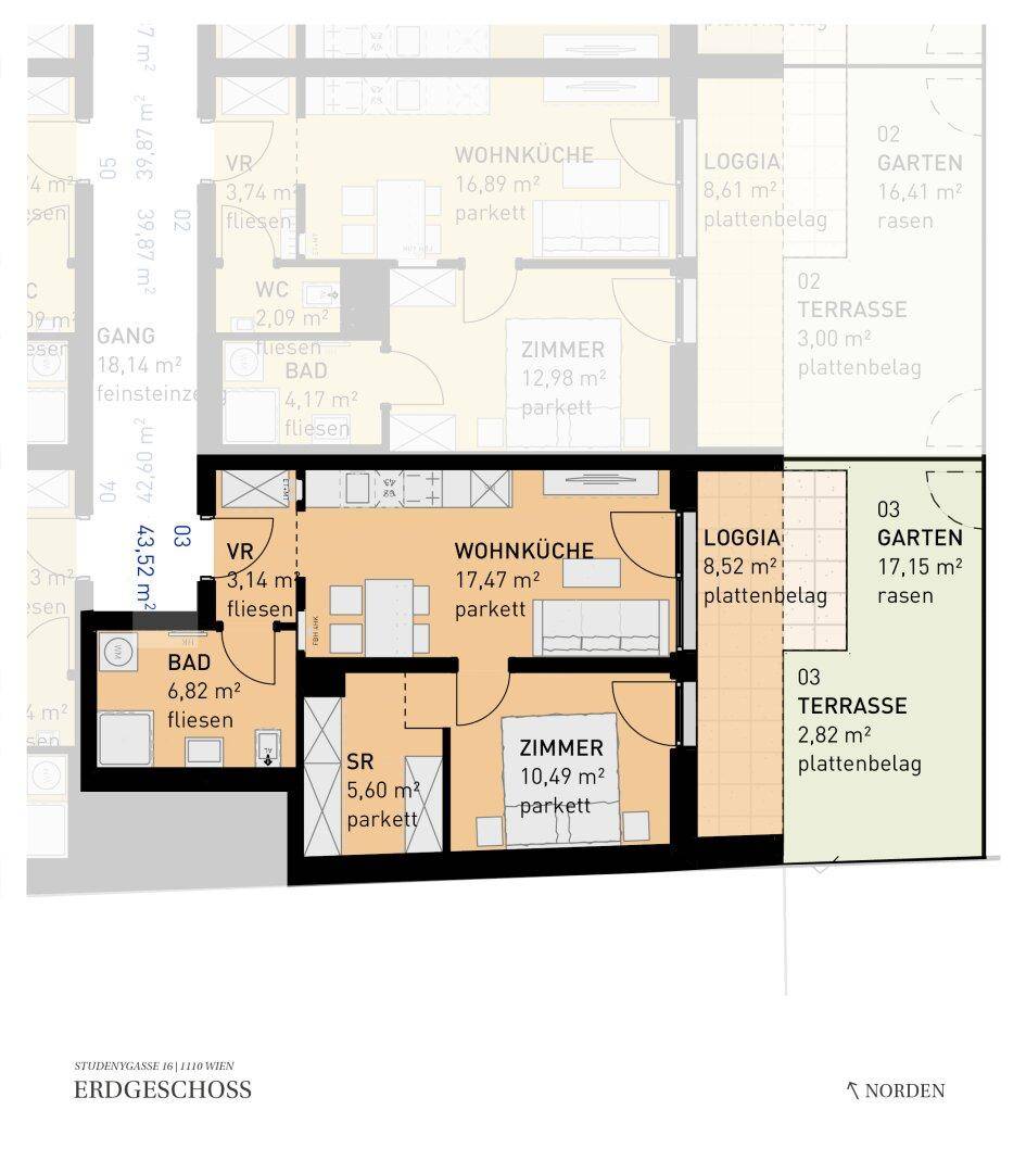 Grundriss einer Erdgeschosswohnung mit offener Wohnküche, Loggia, Terrasse und Garten.
