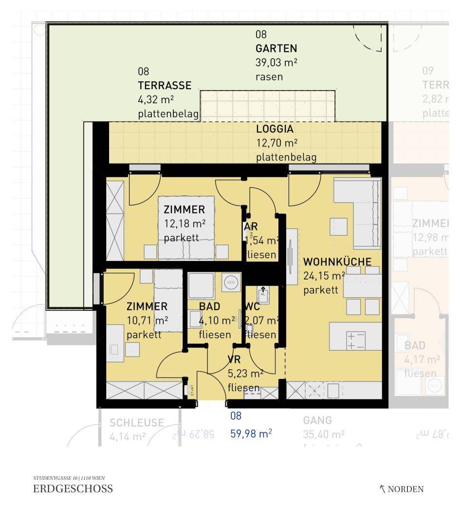 Grundriss einer Erdgeschosswohnung mit zwei Zimmern, Wohnküche, Loggia, Terrasse und Gartenbereich.