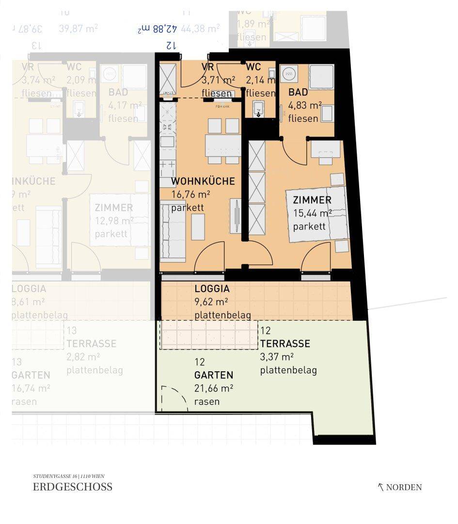 Detaillierter Grundriss einer Erdgeschosswohnung mit offener Wohnküche, Schlafzimmer, Bad, separatem WC, Loggia, Terrasse und Garten.