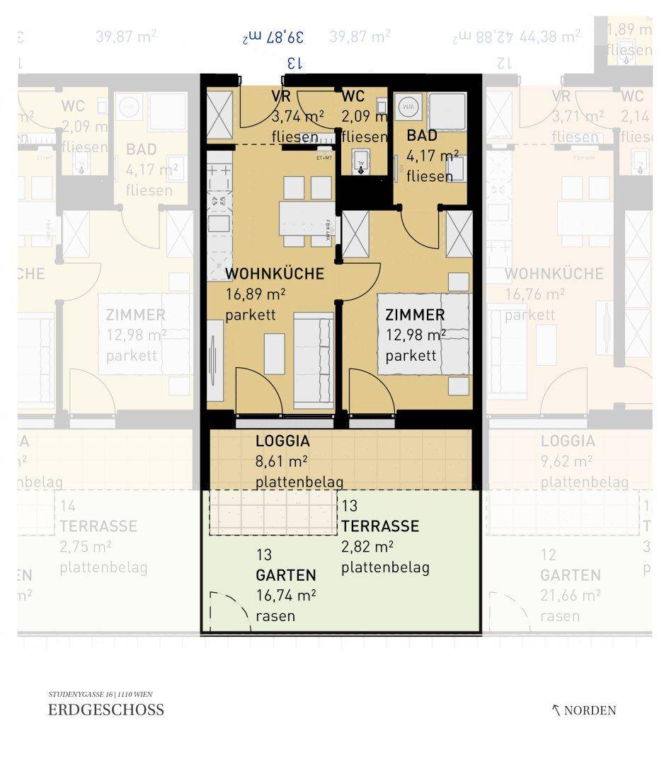 Grundriss einer Erdgeschosswohnung mit offener Wohnküche, zwei Zimmern, Bad, separatem WC, Loggia, Terrasse und Garten.
