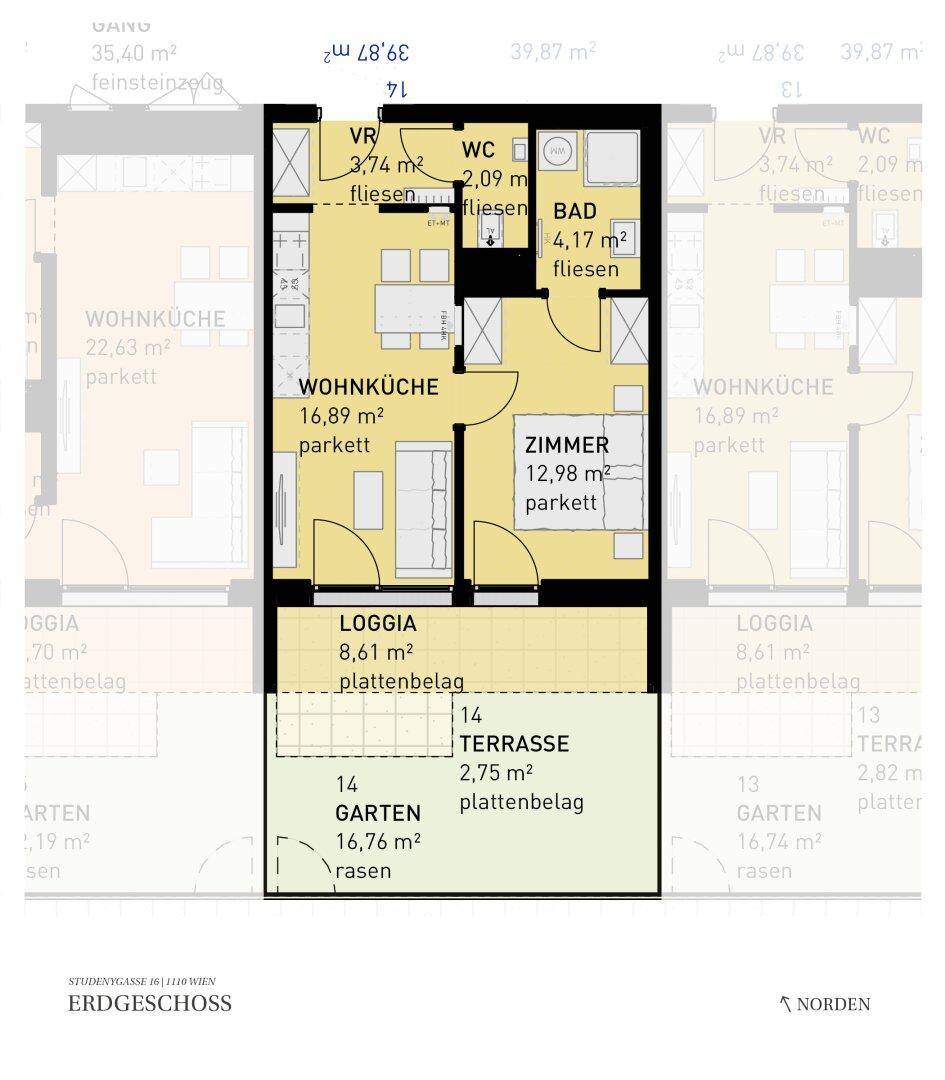 Grundriss einer Wohnung mit offener Wohnküche, Schlafzimmer, Bad, separatem WC, Loggia, Terrasse und Garten.