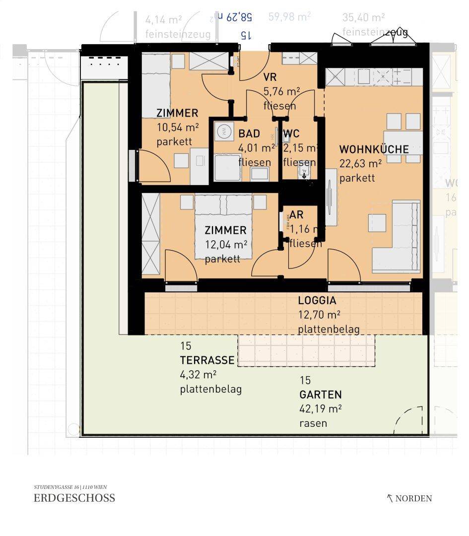 Detaillierter Grundriss einer Erdgeschosswohnung mit Wohnküche, zwei Zimmern, Loggia, Terrasse und Garten.
