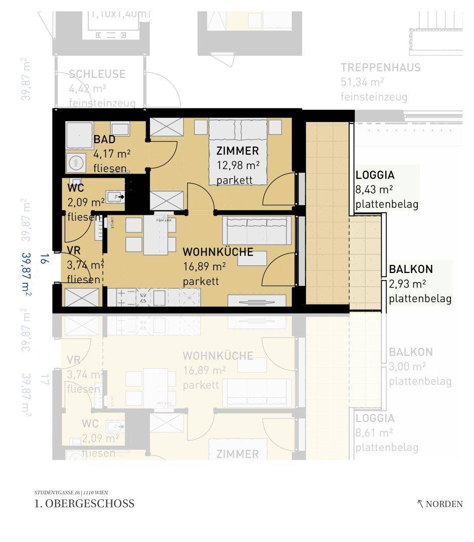 Grundriss einer Wohnung im ersten Obergeschoss mit offenem Wohnbereich, Schlafzimmer, Bad, separatem WC, Loggia und Balkon.