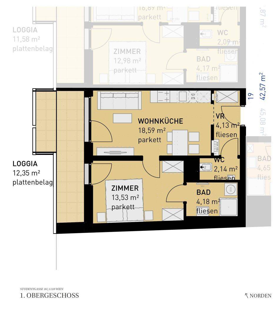 Grundriss einer Wohnung im ersten Obergeschoss mit zwei Loggien, offener Wohnküche und zwei Bädern.