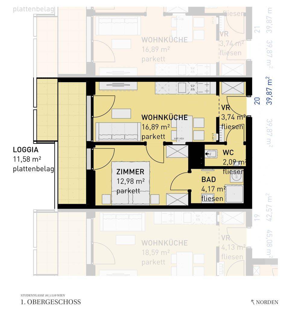 Grundriss einer Wohnung im ersten Obergeschoss mit offener Wohnküche, einem Schlafzimmer, Bad, separatem WC und einer Loggia.