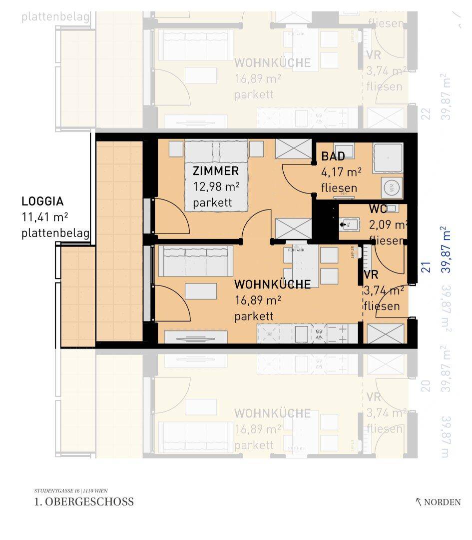 Grundriss einer Wohnung im ersten Obergeschoss mit offener Wohnküche, einem Schlafzimmer, Bad, separatem WC und Loggia.