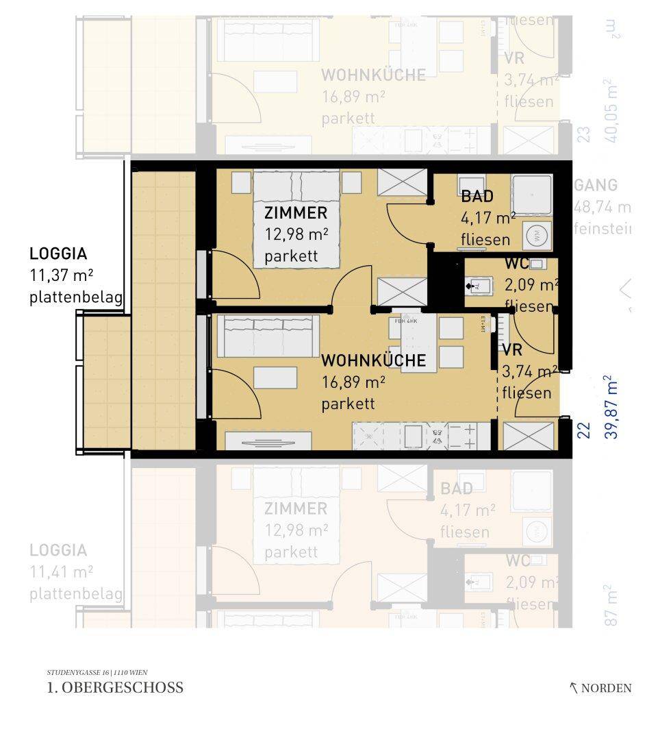 Grundrissplan einer Wohnung mit Wohnküche, Schlafzimmer, Bad, separatem WC und Loggia.