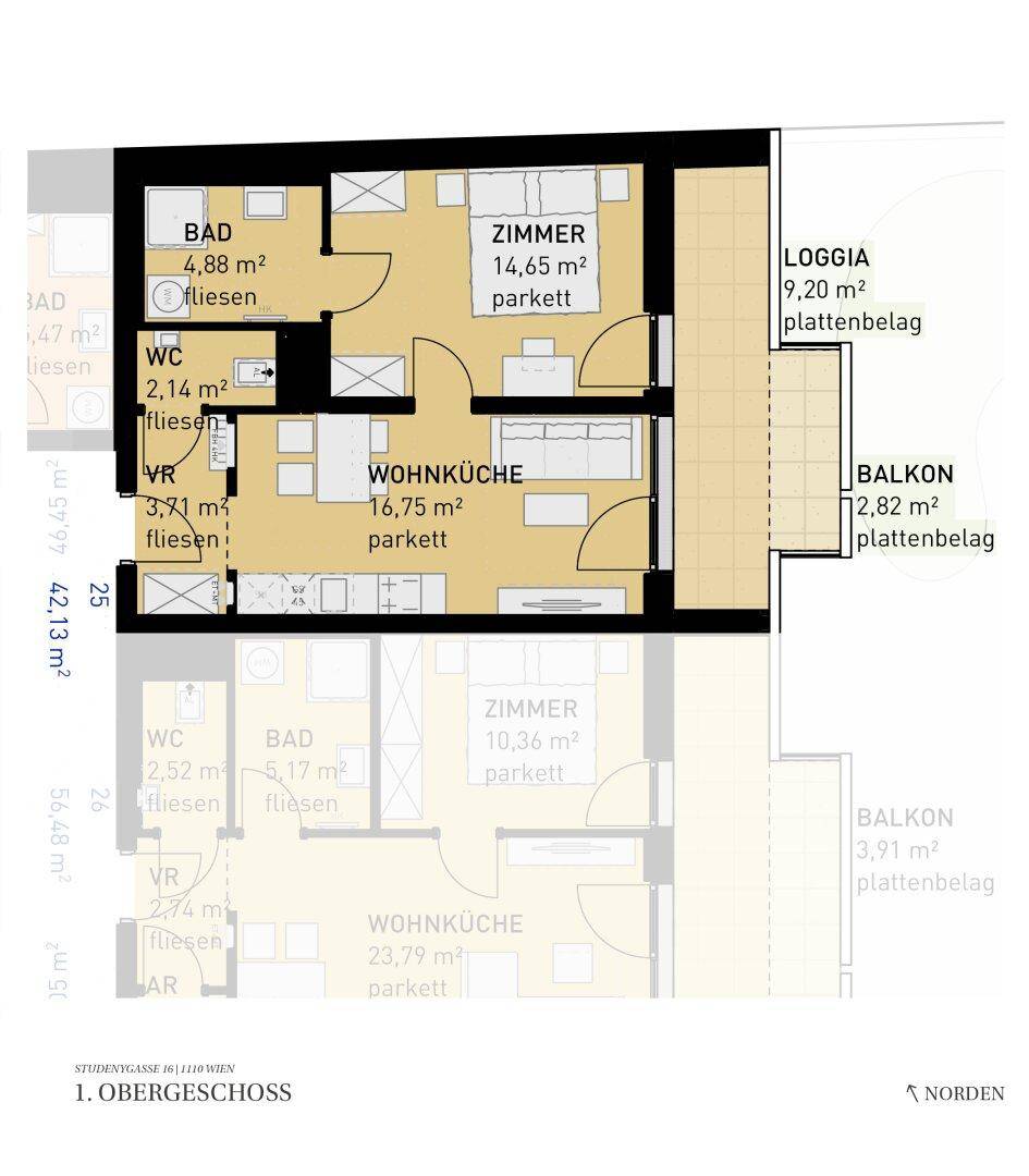 Grundriss einer Wohnung mit offener Wohnküche, einem Schlafzimmer, Bad, separatem WC, Loggia und Balkon.