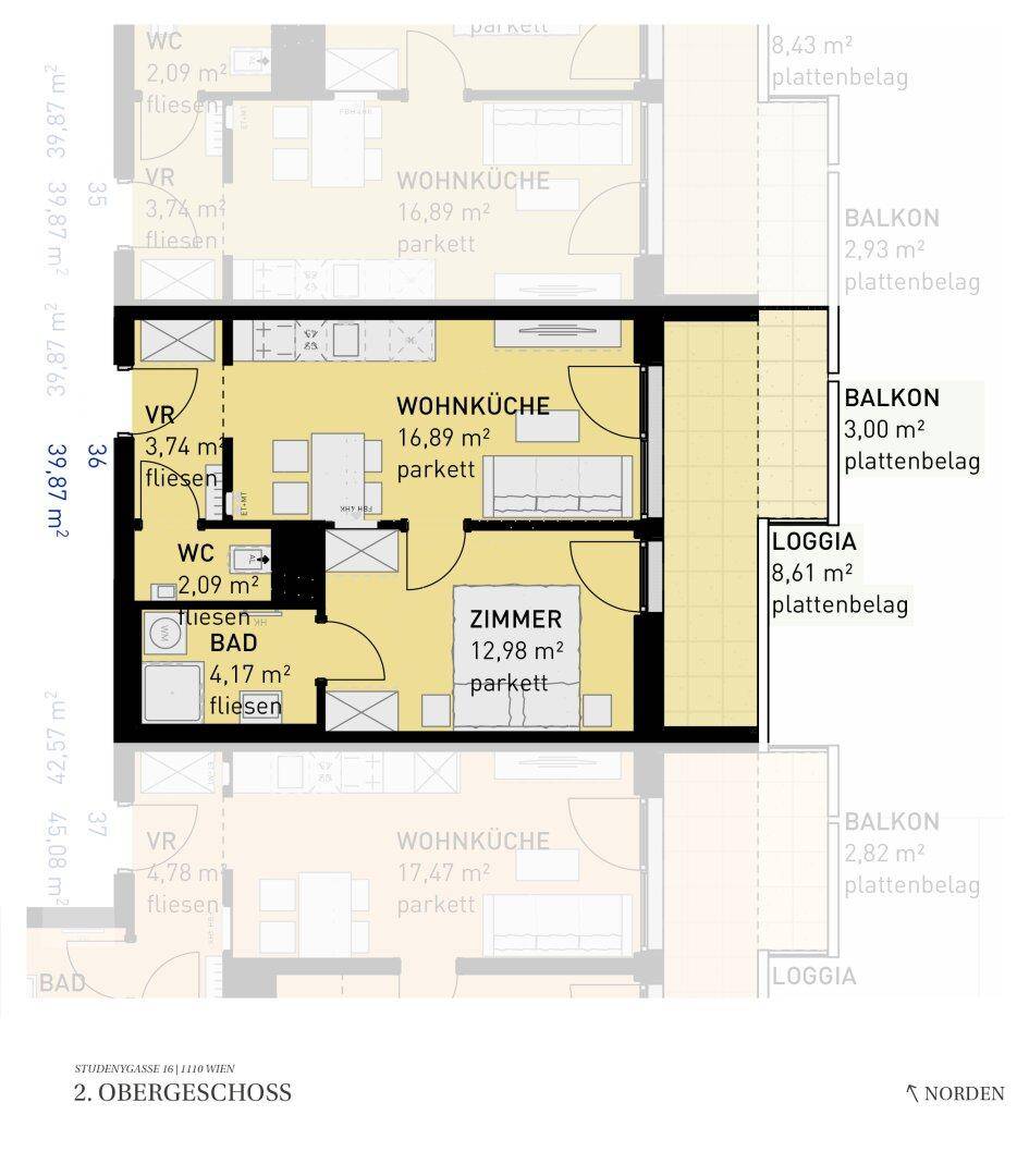 Grundriss einer Wohnung mit offener Wohnküche, einem Schlafzimmer, Bad, separatem WC, Balkon und Loggia.