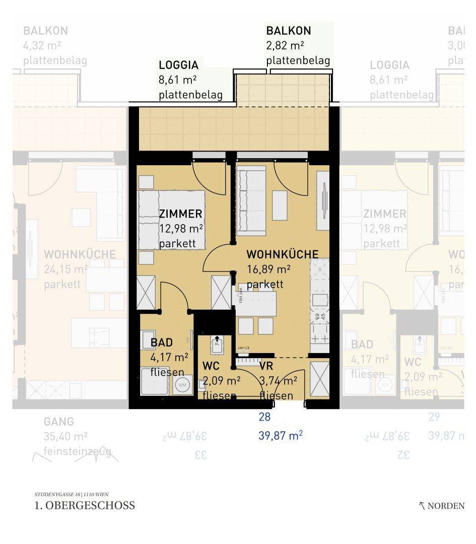 Grundriss einer Wohnung mit Wohnküche, einem Schlafzimmer, Bad, separatem WC, Balkon und Loggia.