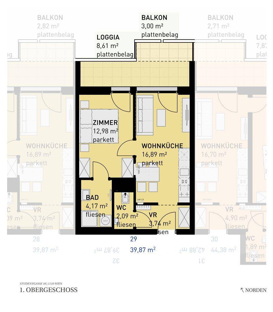 Grundriss einer Wohnung mit Wohnküche, Schlafzimmer, Bad, WC, Loggia und Balkon.