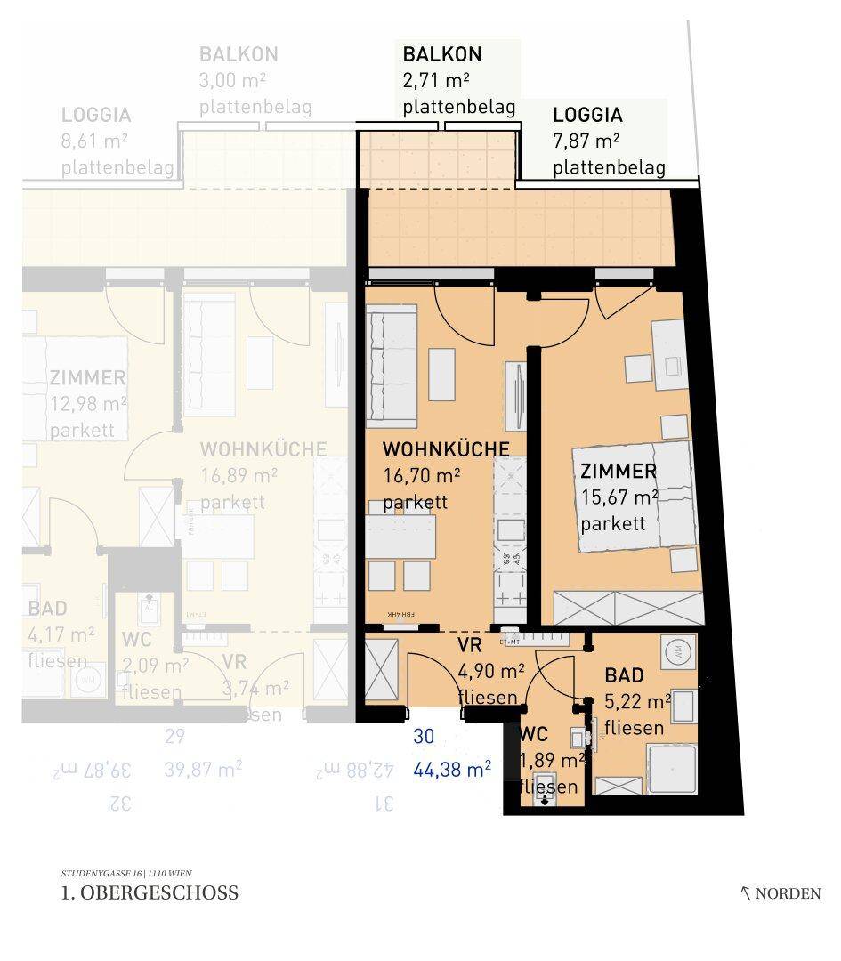 Grundriss einer Wohnung im ersten Obergeschoss mit Wohnküche, Zimmer, Bad, WC, Balkon und Loggia.