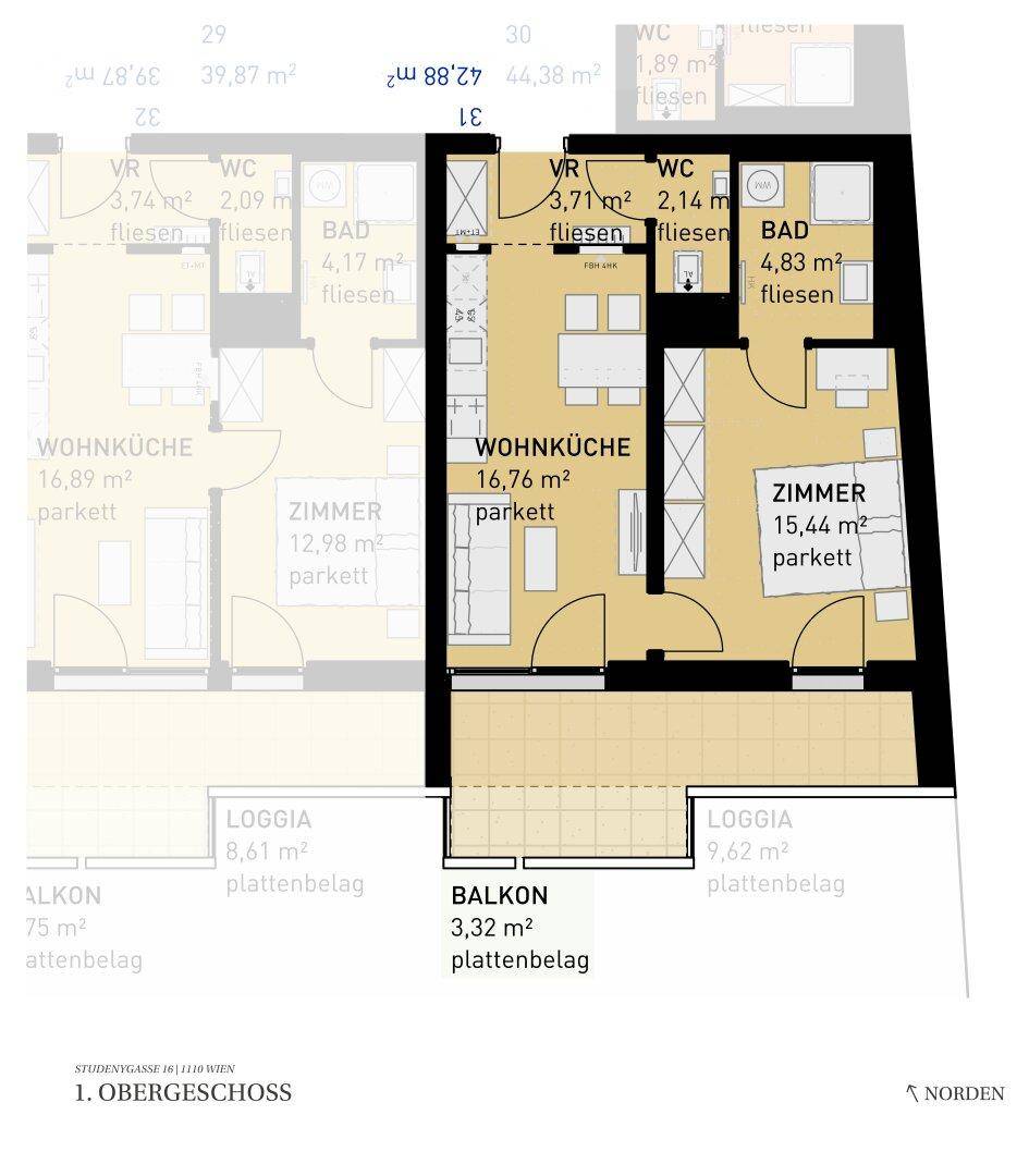 Grundriss einer Wohnung mit offener Wohnküche, Schlafzimmer, Bad, separatem WC, Balkon und Loggia.