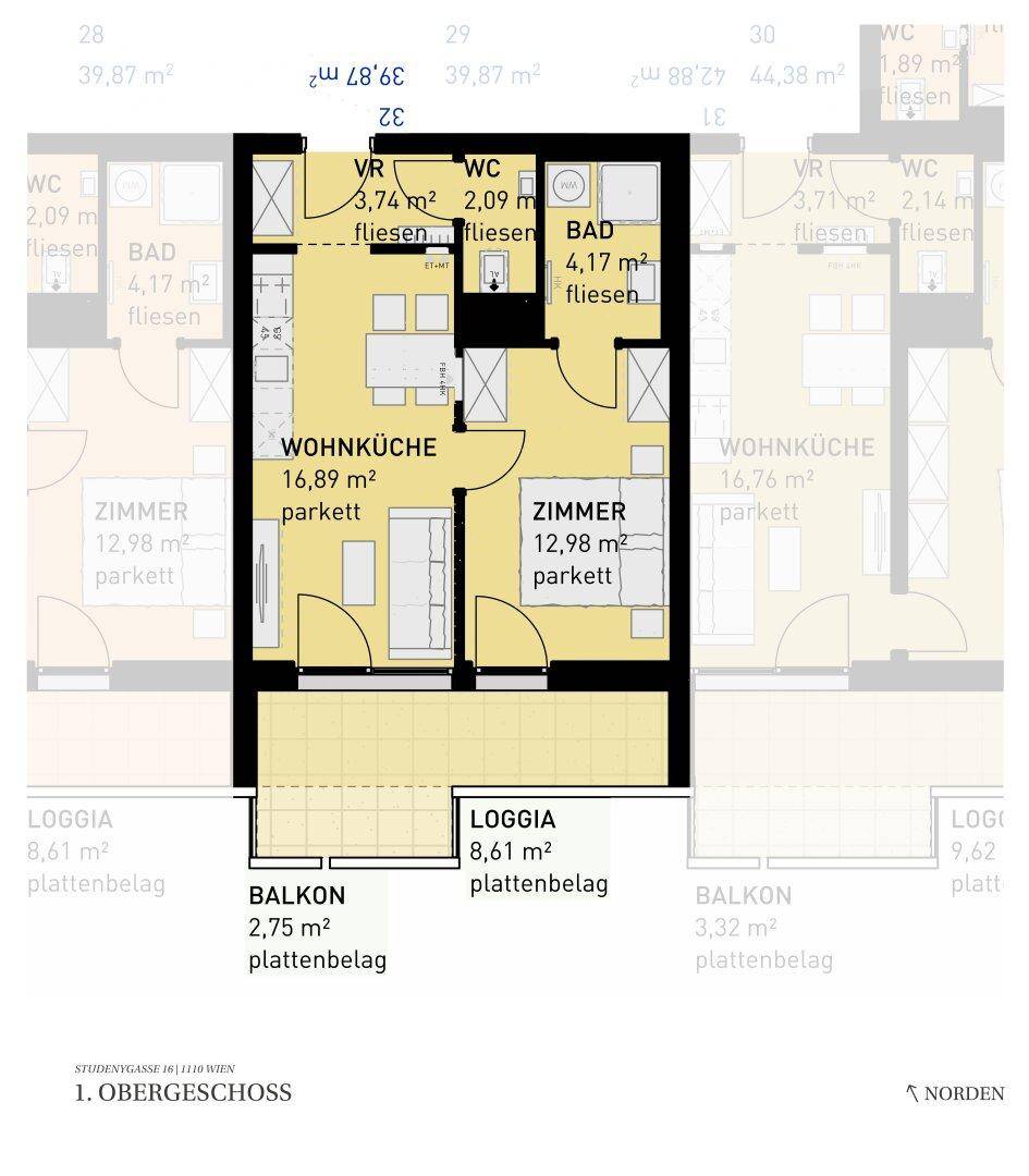 Grundriss einer Wohnung mit offener Wohnküche, einem Schlafzimmer, Bad, separatem WC, Loggia und Balkon.