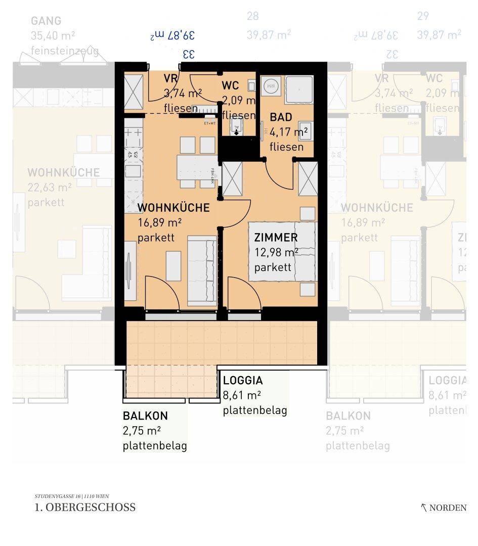 Grundriss einer modernen Wohnung im Obergeschoss mit offener Wohnküche, Balkon und Loggia.