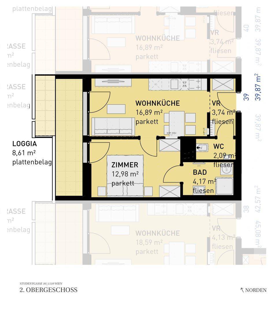 Grundriss des 2. Obergeschosses mit offener Wohnküche, einem Zimmer, Bad, separatem WC und einer Loggia.
