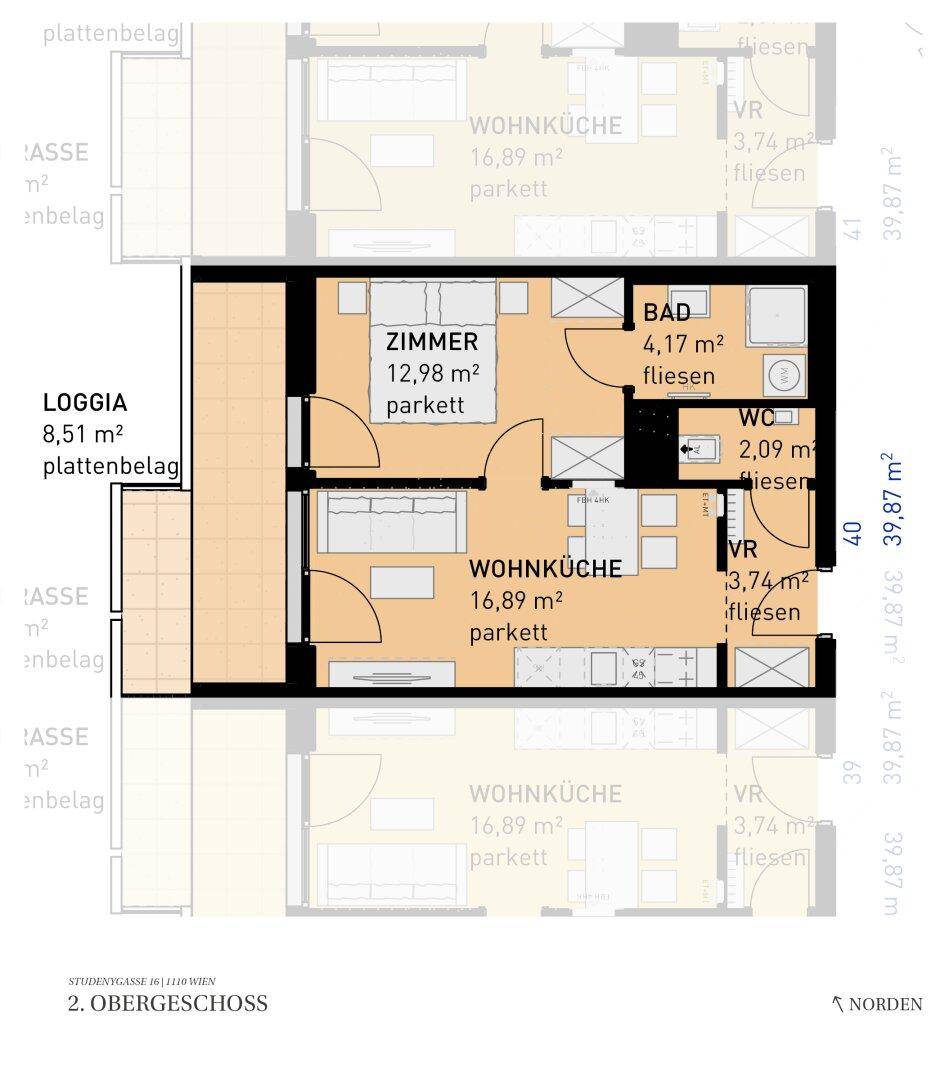 Grundriss einer Wohnung im 2. Obergeschoss mit Wohnküche, Zimmer, Bad und Loggia.