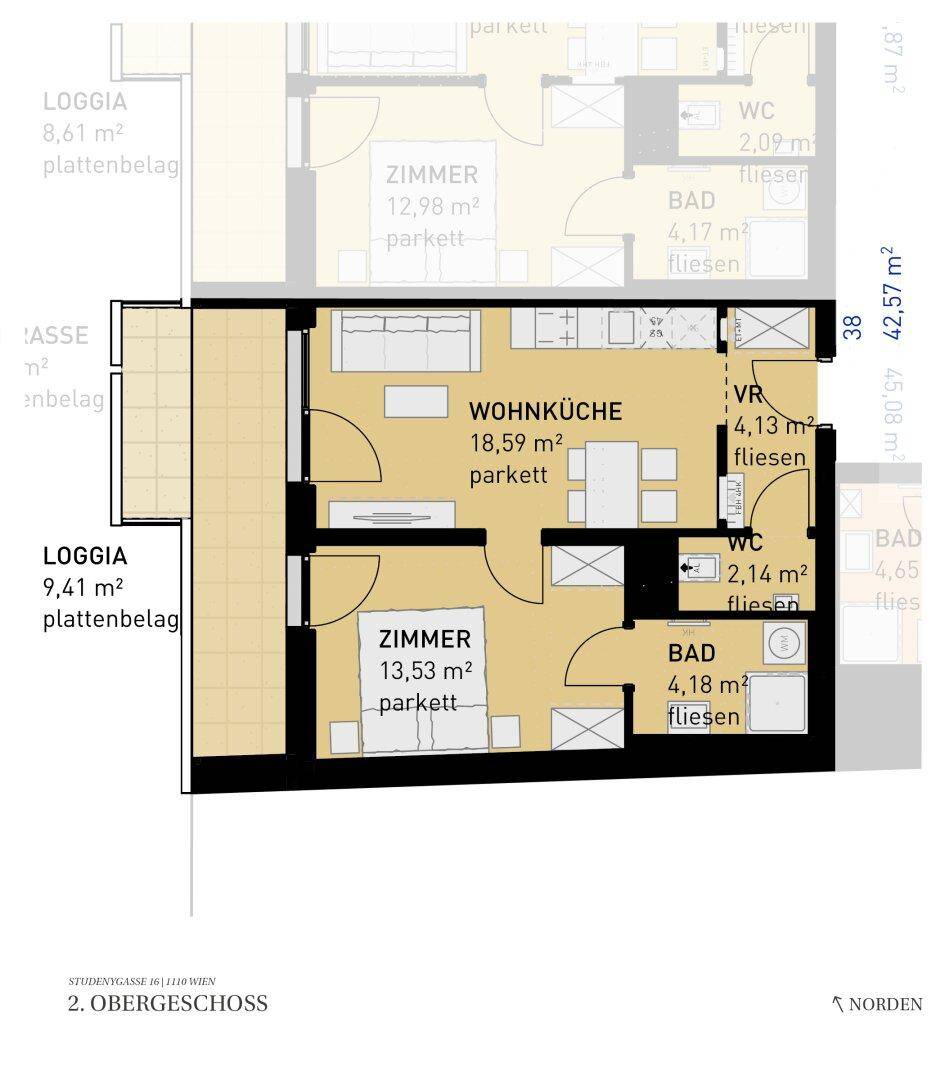 Grundriss einer modernen Wohnung im 2. Obergeschoss mit offener Wohnküche, zwei Zimmern, Bad und zwei Loggien.