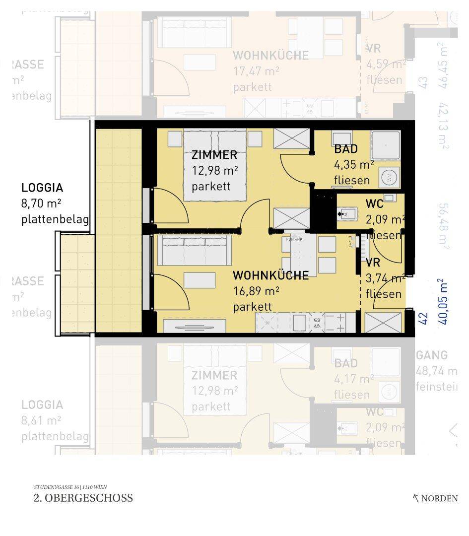 Grundriss einer Wohnung im 2. Obergeschoss mit Loggia, offener Wohnküche, Schlafzimmer und separatem WC.