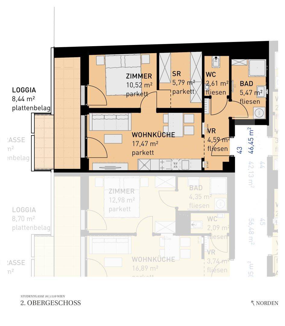 Grundriss einer Wohnung im 2. Obergeschoss mit Wohnküche, zwei Zimmern, Bad, separatem WC und Loggia.