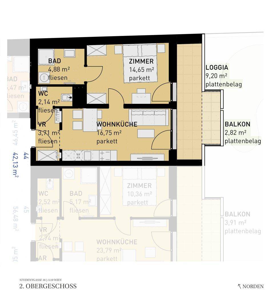 Grundriss einer Wohnung mit Wohnküche, Schlafzimmer, Bad, WC, Loggia und Balkon.