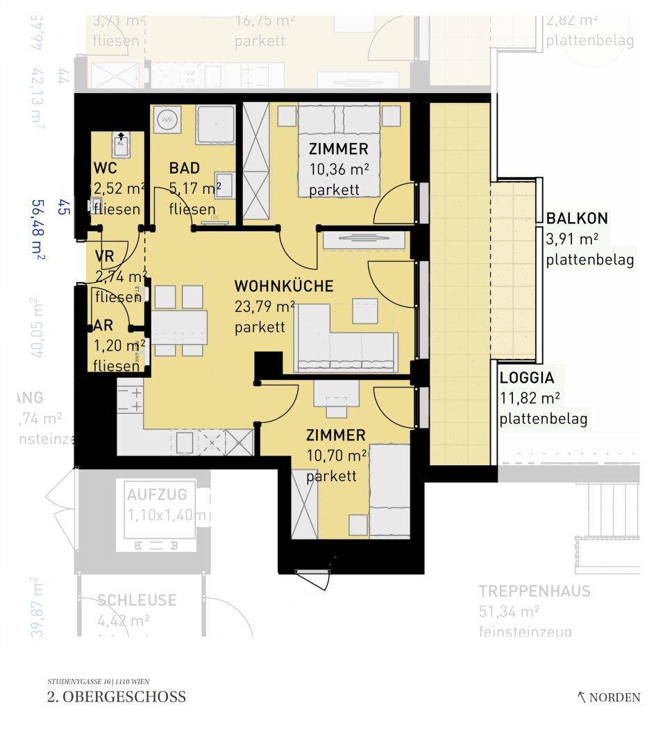 Grundriss einer Wohnung mit offener Wohnküche, zwei Schlafzimmern, Bad, separatem WC, Balkon und Loggia.