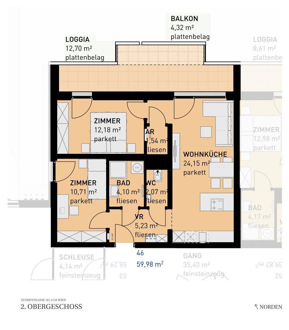 Detaillierter Grundriss einer Wohnung im 2. Obergeschoss mit zwei Schlafzimmern, offener Wohnküche, Bad, separatem WC, Loggia und Balkon.