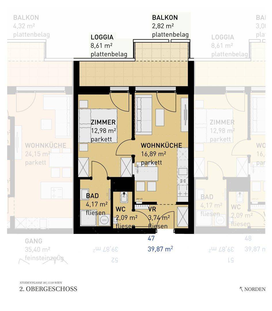 Grundriss des 2. Obergeschosses mit Wohnküche, Schlafzimmer, Bad, separatem WC, Balkon und Loggia.