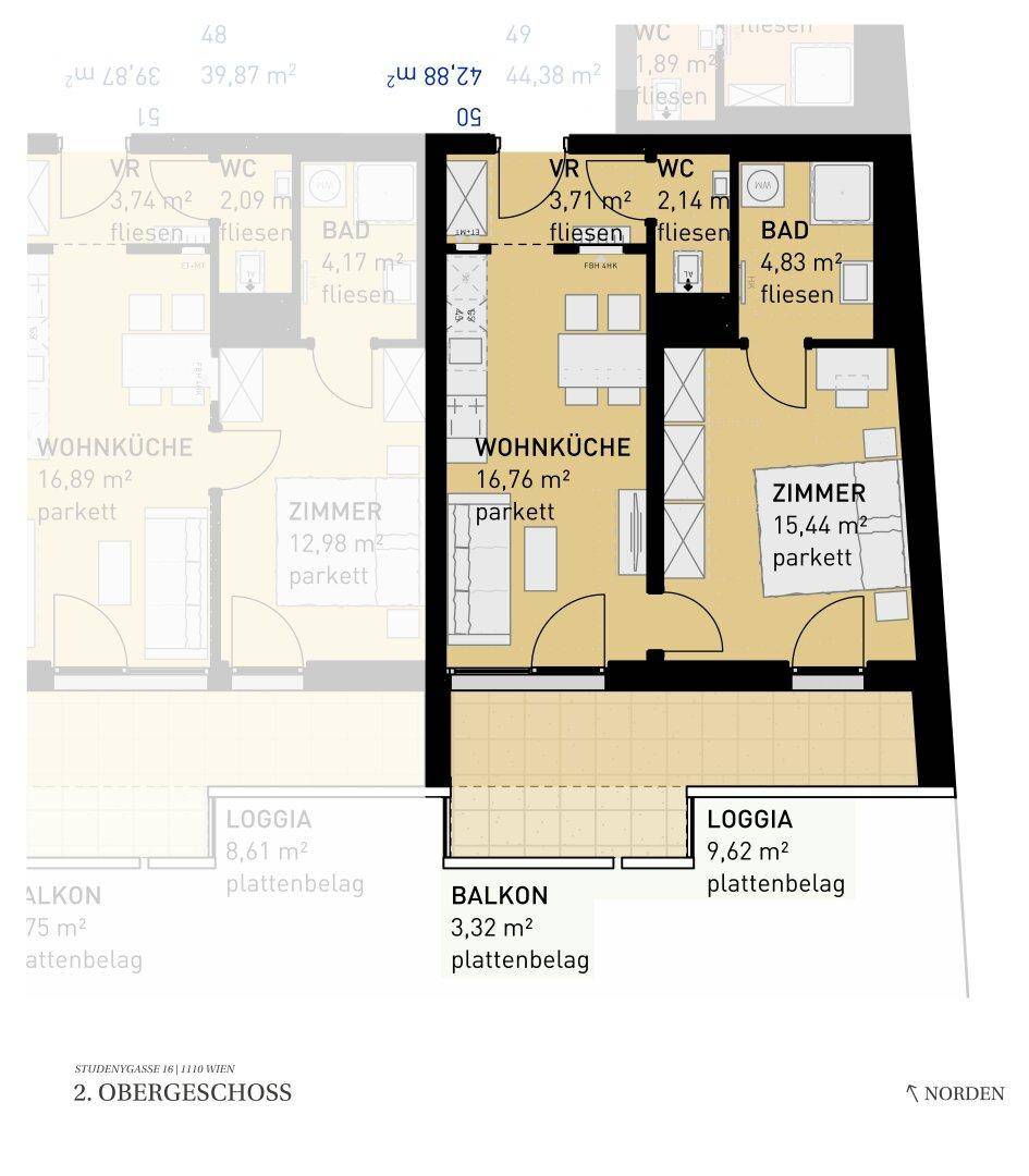 Grundriss einer modernen Wohnung mit offener Wohnküche, separatem Zimmer, Bad, WC, Loggia und Balkon.