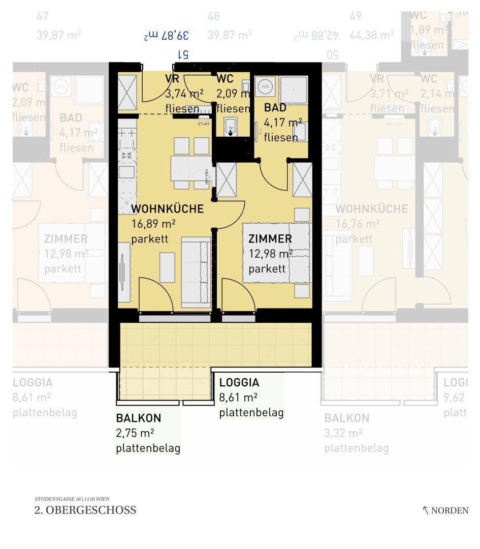 Grundriss einer Wohnung mit offener Wohnküche, einem Zimmer, Bad, separatem WC, Loggia und Balkon.
