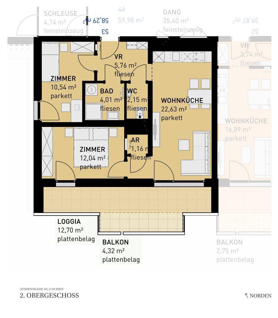 Grundriss einer Wohnung im Obergeschoss mit zwei Schlafzimmern, offener Wohnküche, Bad, separatem WC, Loggia und Balkon.