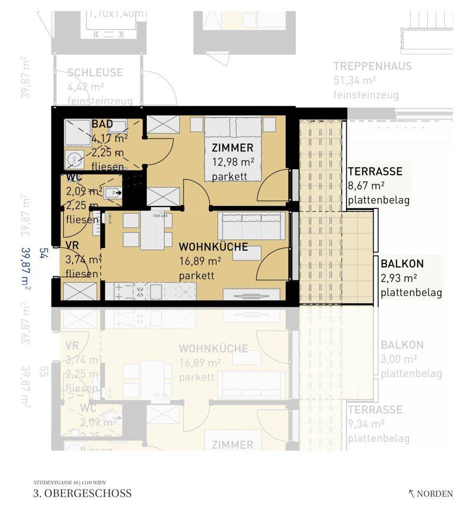 Grundriss einer Wohnung im 3. Obergeschoss mit offener Wohnküche, Schlafzimmer, Bad, separatem WC, Terrasse und Balkon.