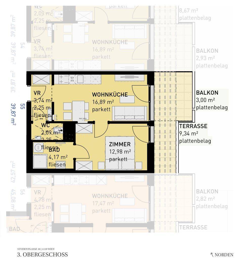 Grundriss einer Wohnung im 3. Obergeschoss mit offener Wohnküche, einem Schlafzimmer, Bad, separatem WC, Balkon und Terrasse.