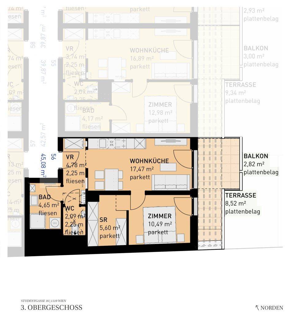 Grundriss einer Wohnung im 3. Obergeschoss mit offener Wohnküche, Schlafzimmer, Bad, separatem WC, Abstellraum, Balkon und Terrasse.