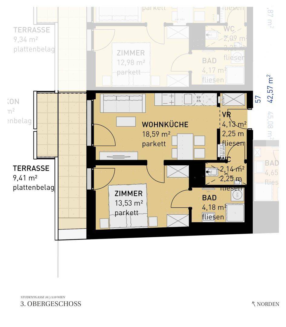 Grundriss einer modernen Wohnung mit zwei Schlafzimmern, offener Wohnküche, zwei Bädern, zwei separaten WCs und zwei Terrassen.