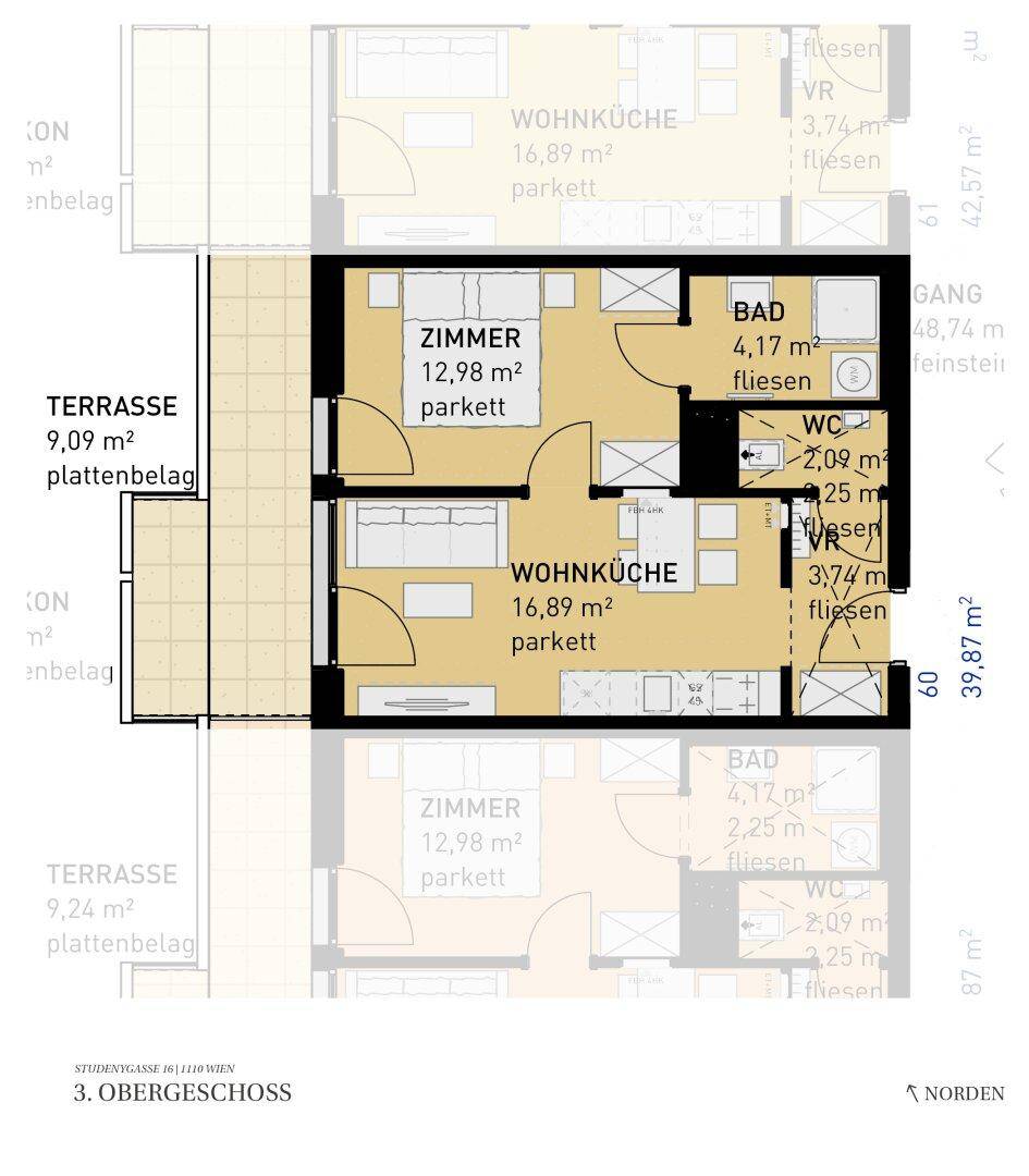 Grundriss des 3. Obergeschosses mit zwei ähnlichen Wohneinheiten, jeweils mit Wohnküche, Zimmer, Bad und Terrasse.