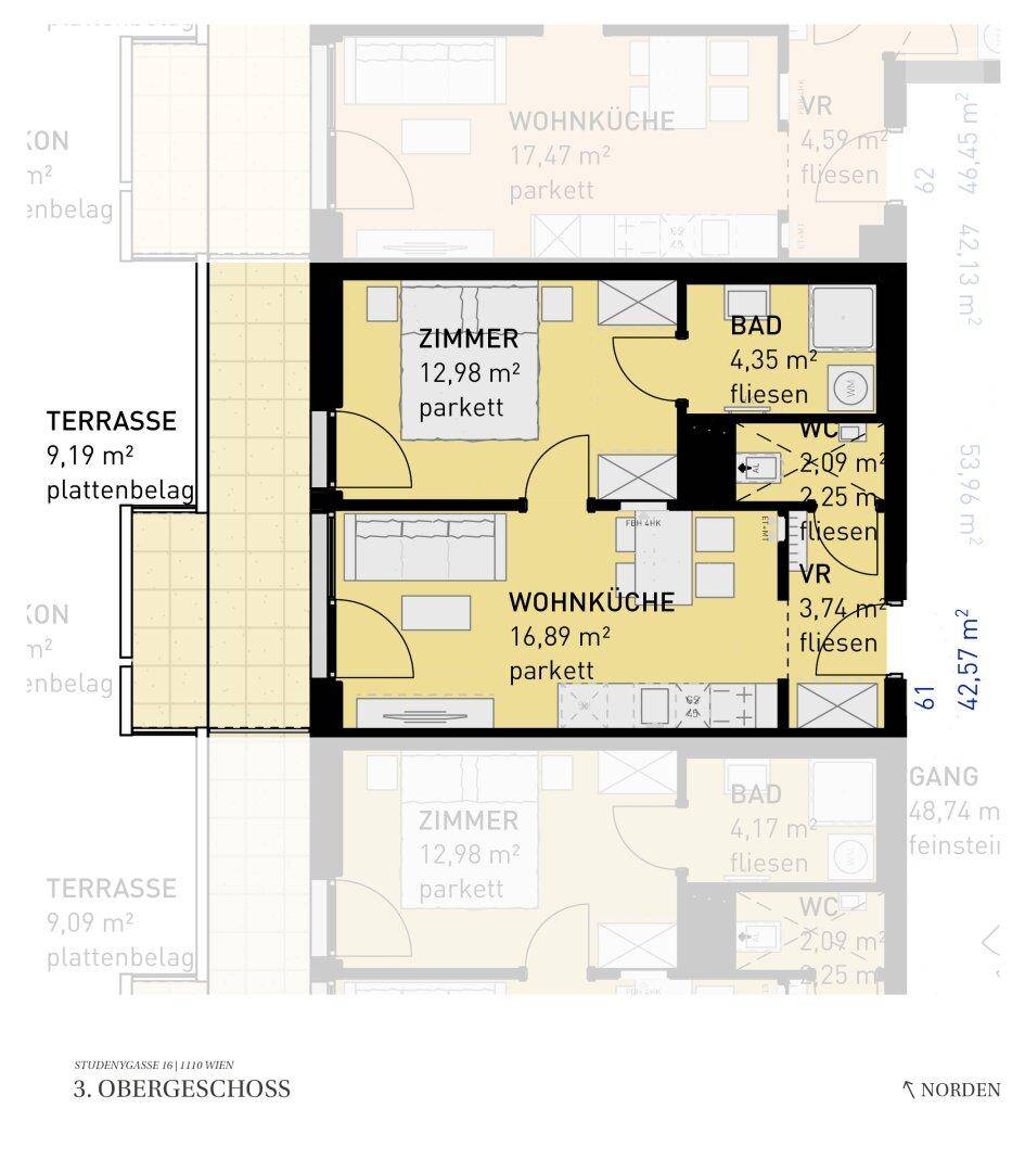 Grundriss einer modernen Wohnung im dritten Obergeschoss mit offener Wohnküche, Schlafzimmer und großer Terrasse.
