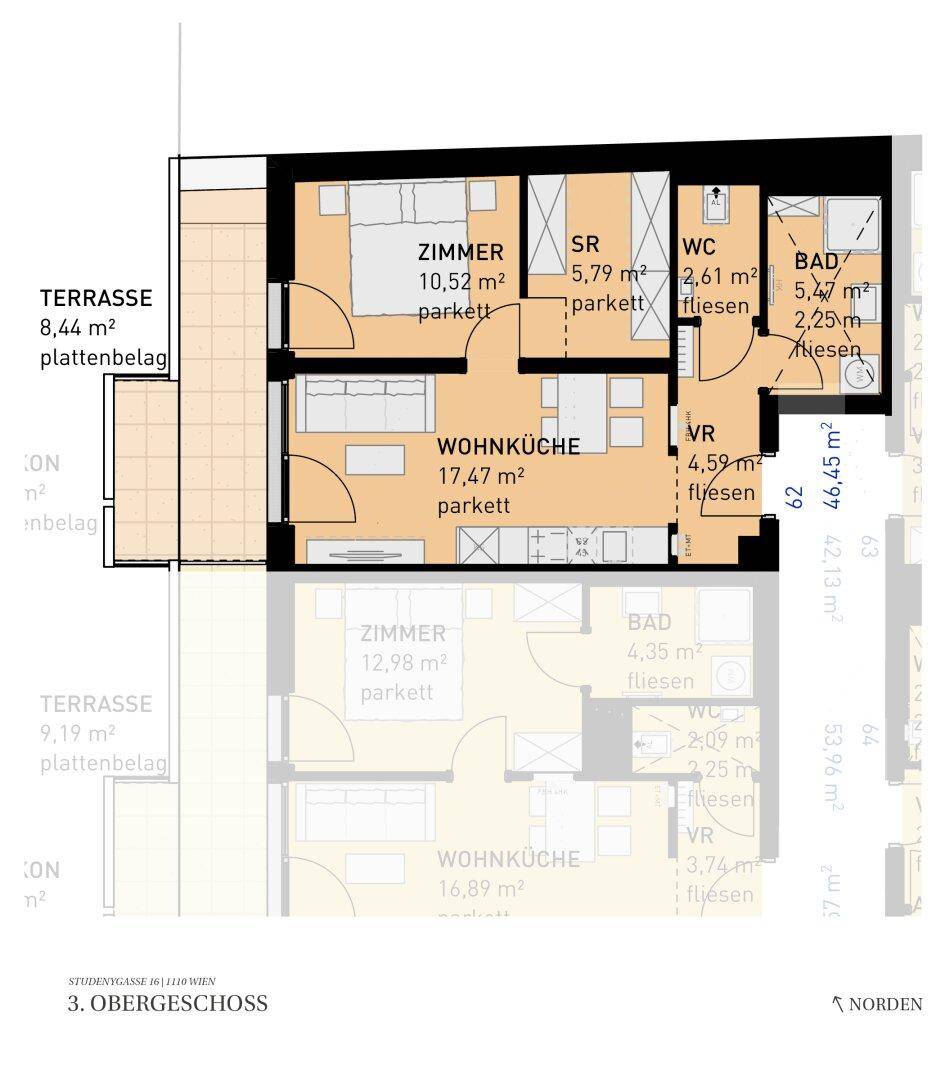 Detaillierter Grundrissplan des 3. Obergeschosses mit offener Wohnküche, Schlafzimmern und Terrasse.