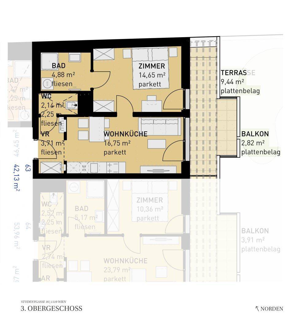 Grundriss einer Wohnung im 3. Obergeschoss mit offenem Wohn-Essbereich, einem Schlafzimmer, Bad, separatem WC, Terrasse und Balkon.