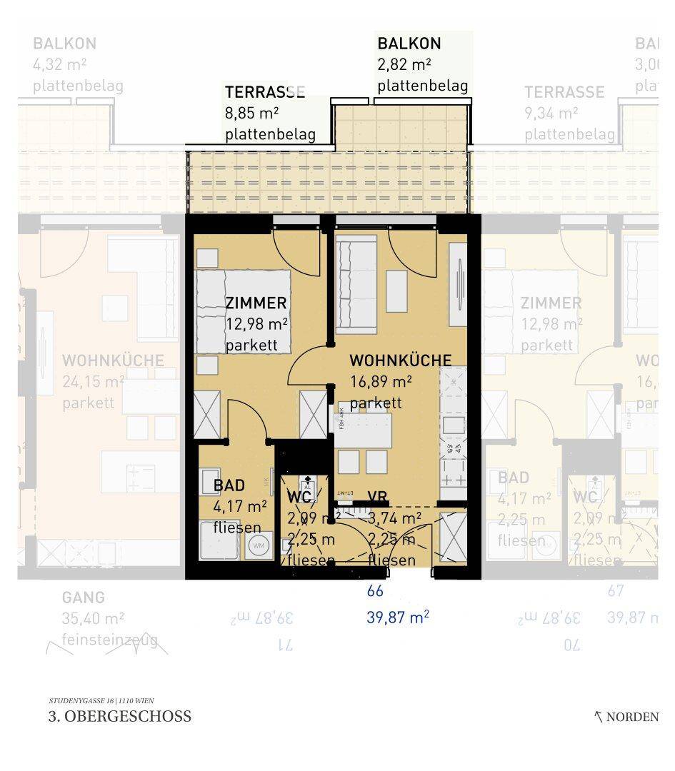 Grundriss einer modernen Wohnung im 3. Obergeschoss mit offener Wohnküche, einem Schlafzimmer, Bad, separatem WC, Balkonen und einer Terrasse.