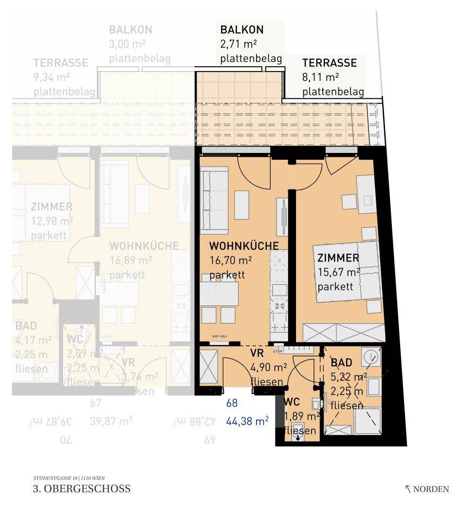 Grundriss einer Wohnung im 3. Obergeschoss mit offener Wohnküche, einem Schlafzimmer, Bad, WC, Balkon und Terrasse.