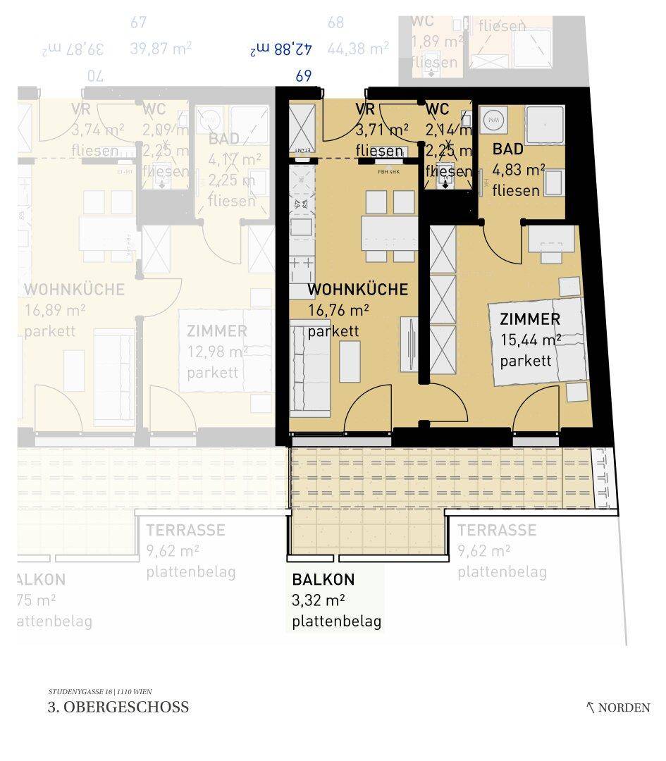 Grundriss einer Wohnung mit offener Wohnküche, Schlafzimmer, Bad, separatem WC und Balkon.